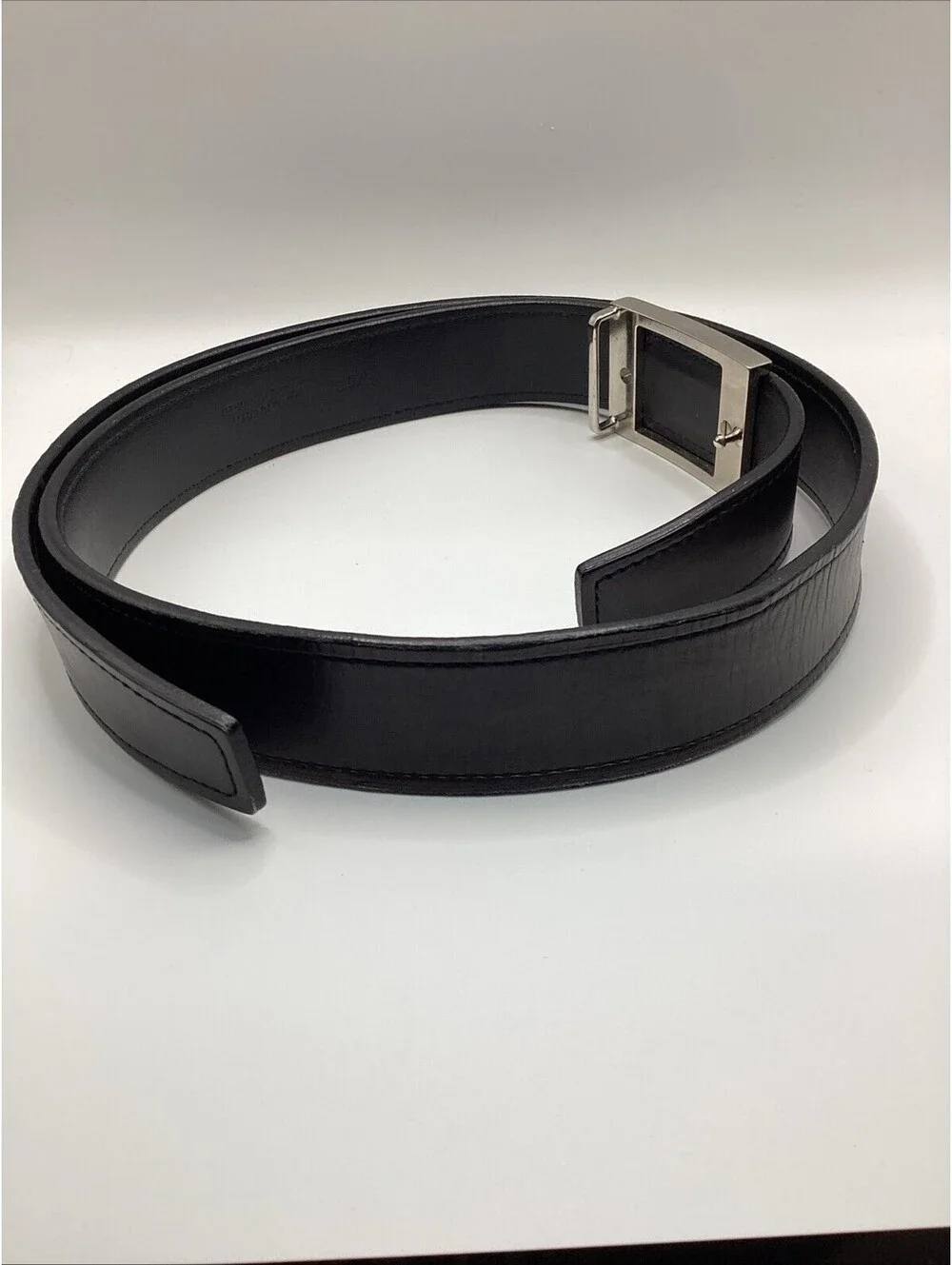 Ermenegildo Zegna Mens Black Leather Belt Silver Plaque Buckle Size 34/90 Italy